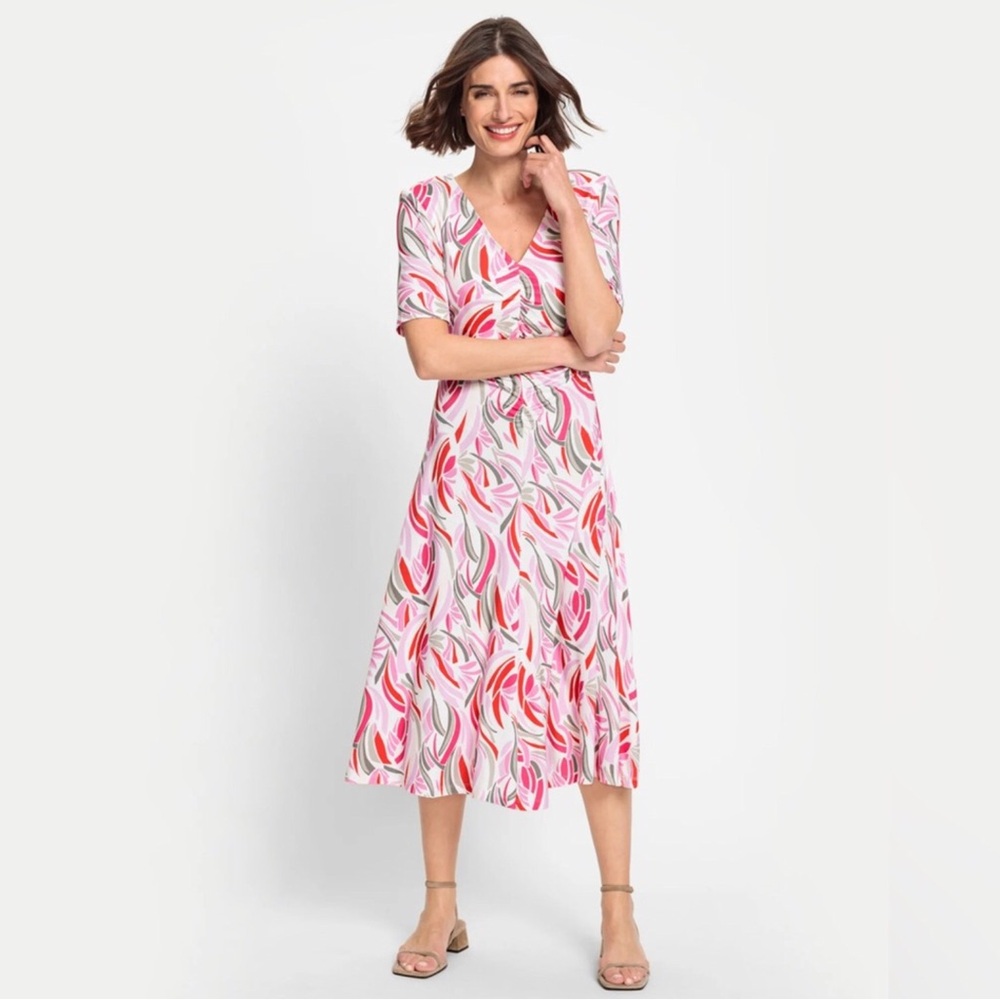 Olsen Pink Leaf Design Jersey Ruched Front Midi Dress Size Large - Picture 1 of 13